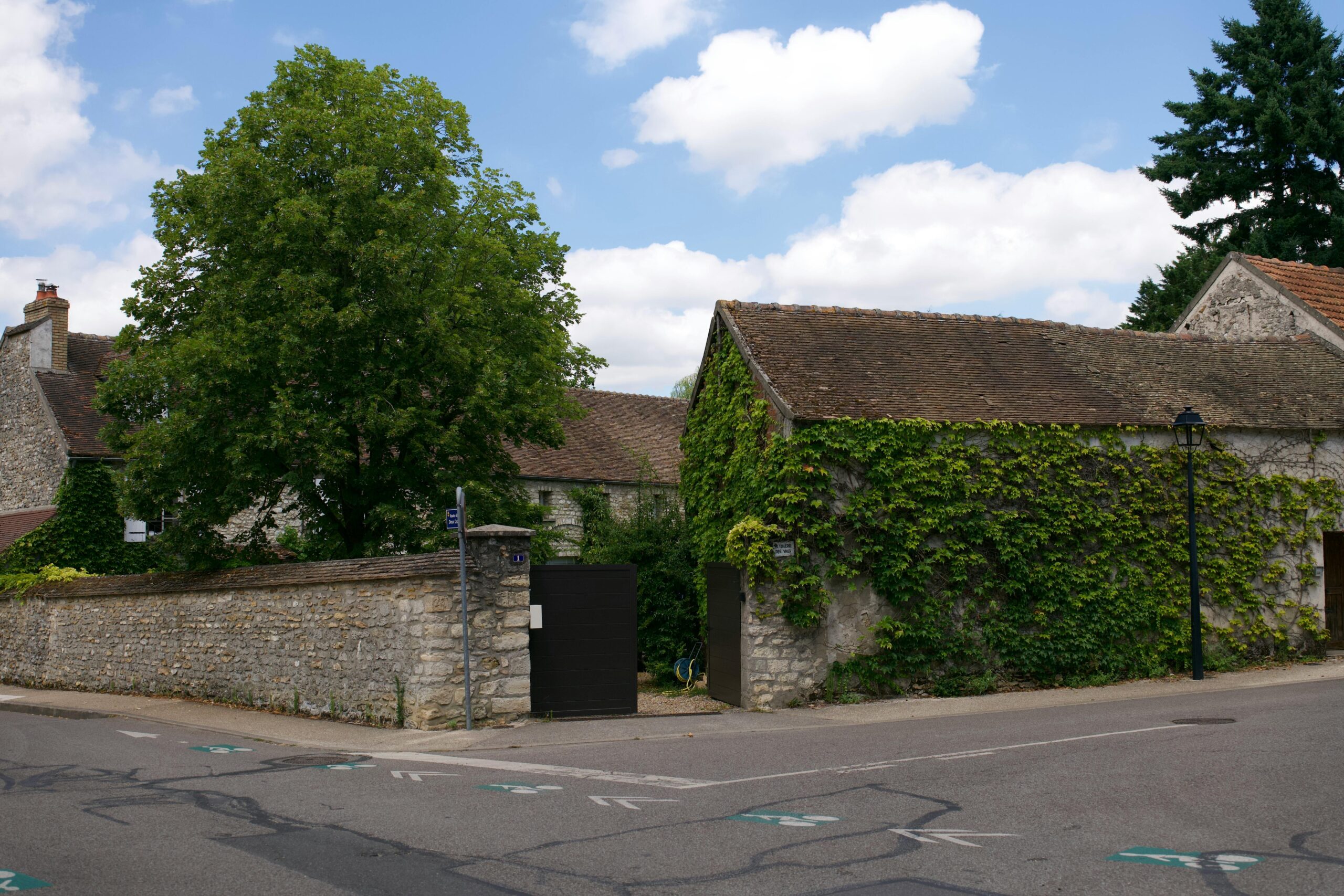A charming countryside cottage with half-timbered architecture, ivy-covered walls, and flowerpots lining the doorway.