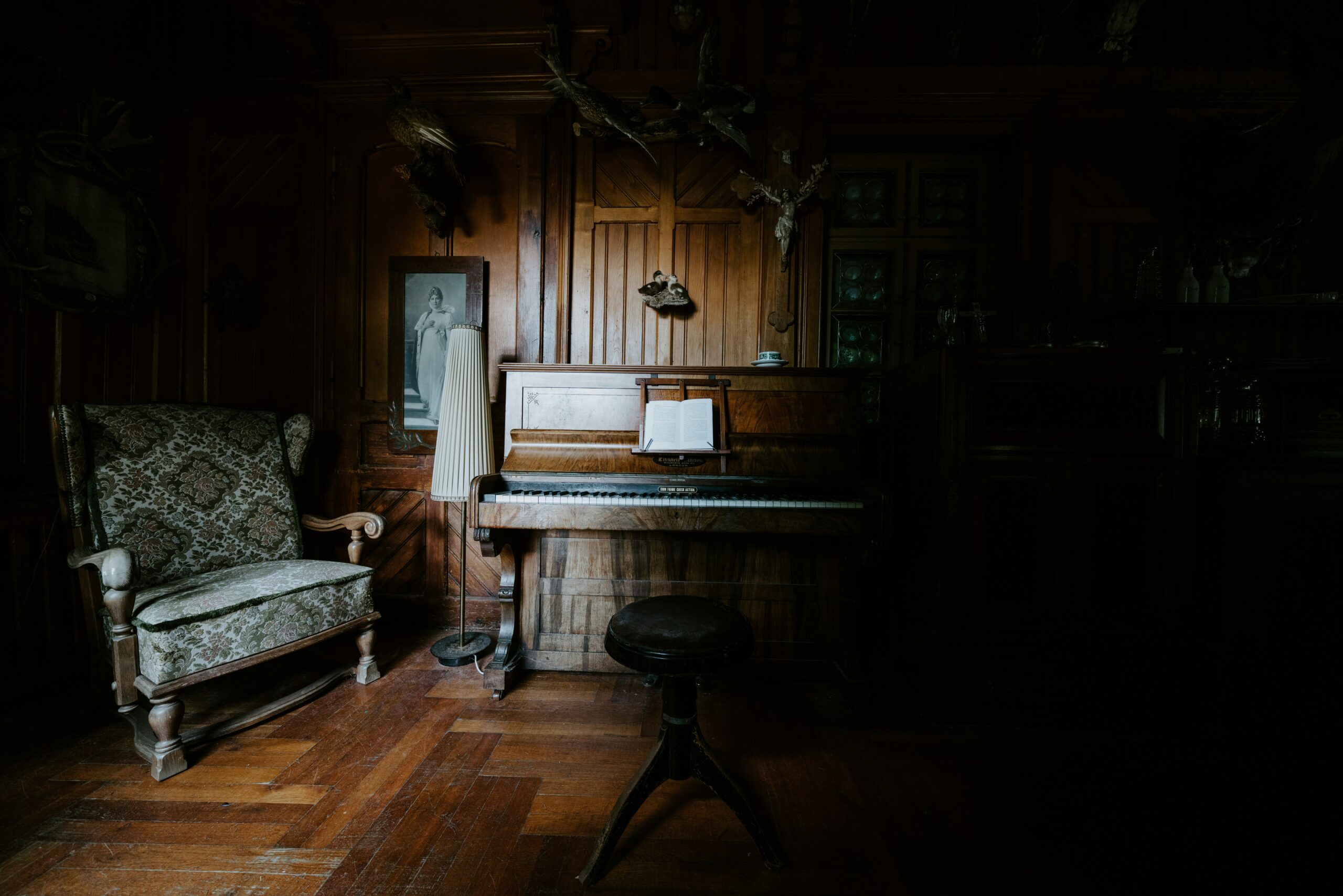 A musician performing folk songs in a cozy historic cottage setting