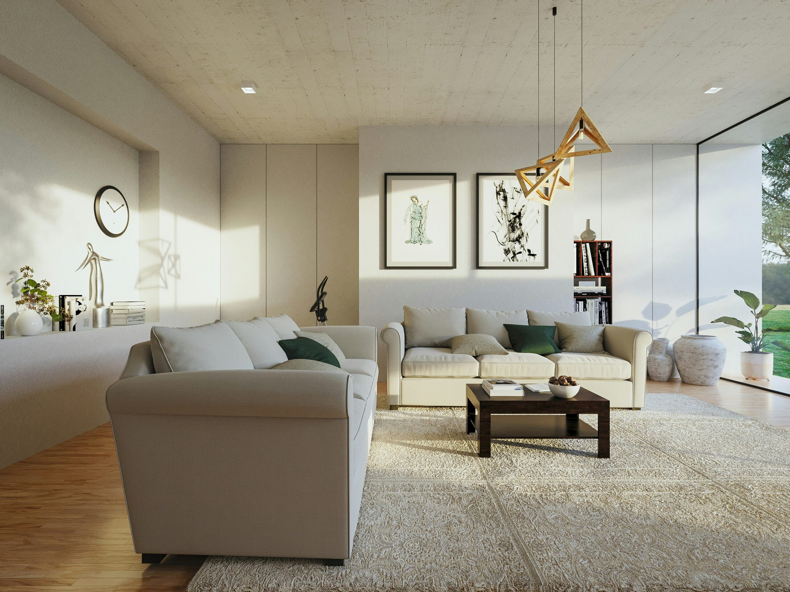 An Art Deco living room featuring geometric patterns and metallic accents.
