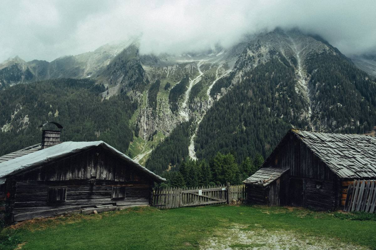 A rustic wooden heritage lodge nestled among tall pine trees at sunset