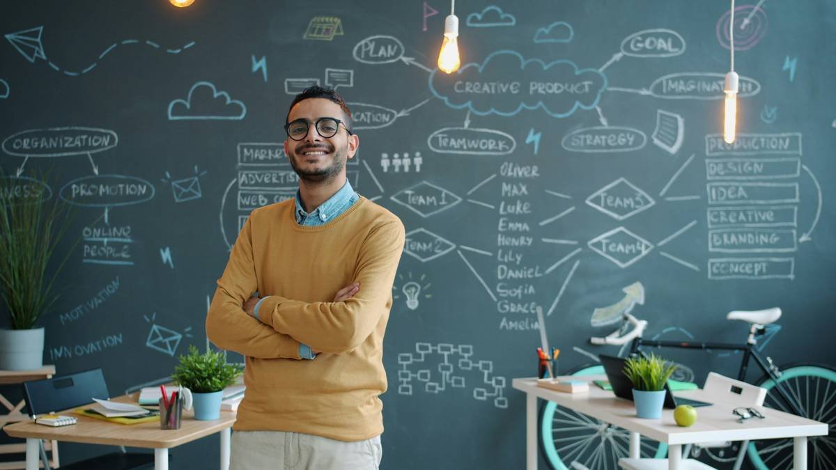 Slow motion of happy Middle Eastern man smiling standing in workplace with arms crossed, chalkboard with business information is in background.